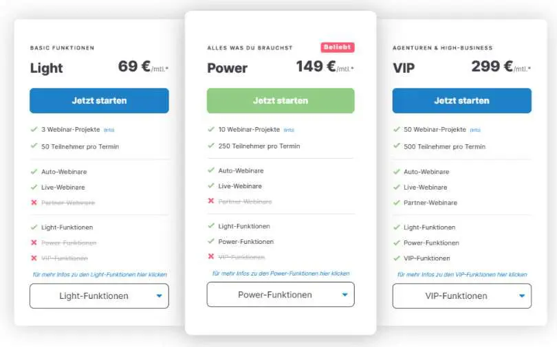 automatisierte Webinare Webinaris Preistabelle