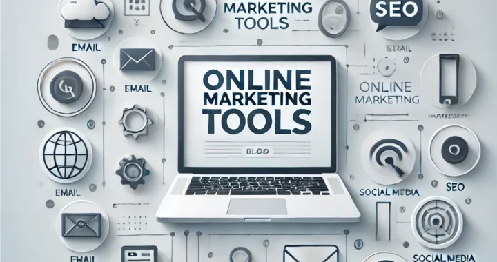 Ein minimalistisches Bild mit einem Laptop und digitalen Symbolen, das den Begriff 'Online Marketing Tools' klar und übersichtlich darstellt.