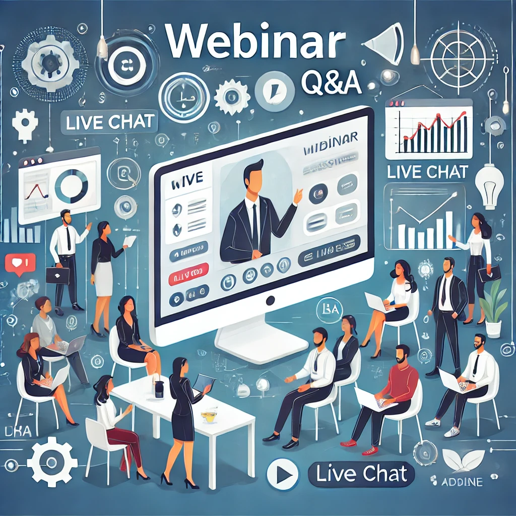  Webinare mit einem zentralen Computerbildschirm, der eine Webinar-Session zeigt, umgeben von Symbolen für Interaktion und globale Teilnahme als Illustration