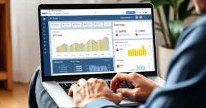 Person arbeitet am Laptop mit Affiliate-Dashboard zur Auswertung von Einnahmen und Klicks