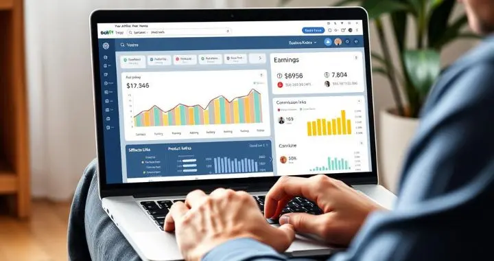 Person arbeitet am Laptop mit Affiliate-Dashboard zur Auswertung von Einnahmen und Klicks