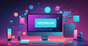 Illustration eines digitalen Arbeitsplatzes mit futuristischem Webinar Interface auf Bildschirm