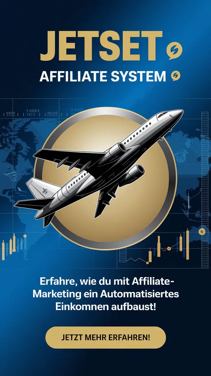 Illustration eines Jets vor globalem Finanzhintergrund – Jetset Affiliate System von Michael Kotzur
