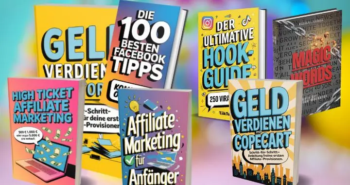 Verschiedene E-Book-Cover zum Thema Online Geld verdienen, Affiliate Marketing und Social Media Strategien