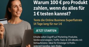 Frau mit Laptop und Kreditkarte testet die Online Business Superflatrate für 1 Euro