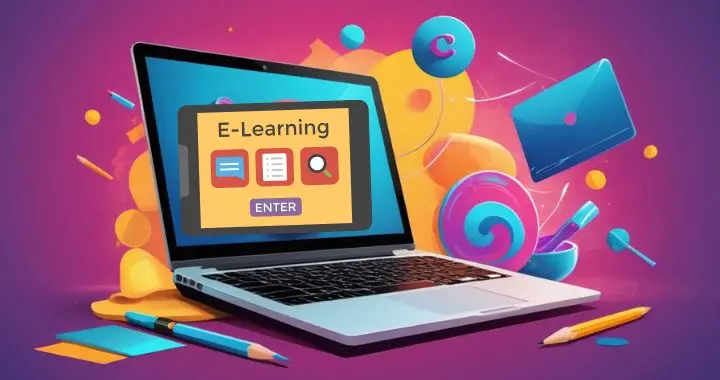 Bunter Laptop mit abstrakten Symbolen für Online Lernen – stilisiertes Symbolbild für digitale Kurse und Weiterbildung
