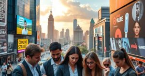Gruppe junger Geschäftsleute mit Smartphones vor Werbetafeln – Online Marketing Symbolbild