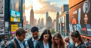 Gruppe junger Geschäftsleute mit Smartphones vor Werbetafeln – Online Marketing Symbolbild