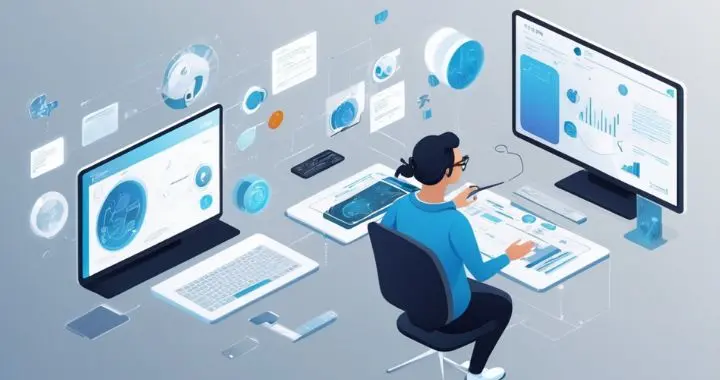 Illustration einer Person mit mehreren digitalen Geräten zur Vorbereitung eines Webinars