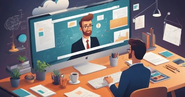 Teilnehmer verfolgt aufmerksam ein Webinar am Desktop mit Notizen und Unterlagen