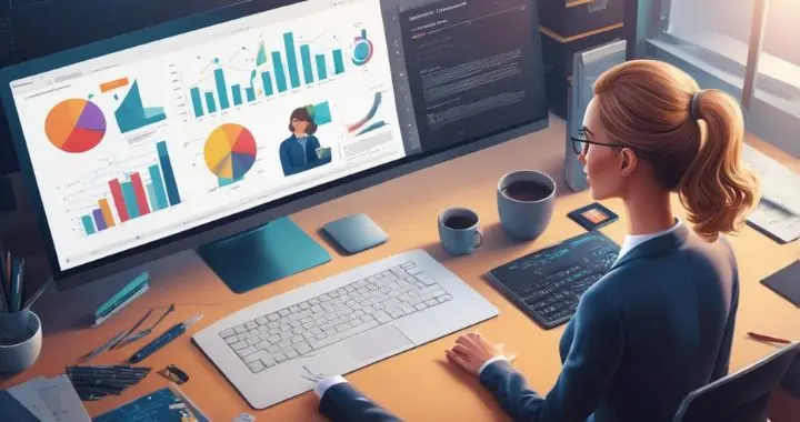 Illustration einer Webinar-Teilnehmerin, die am Schreibtisch sitzt und aktiv mit Statistiken und Inhalten auf dem Bildschirm interagiert