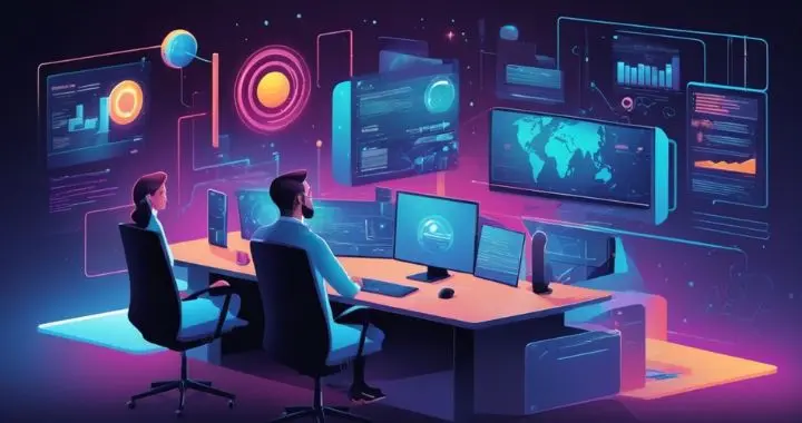 Futuristische Darstellung von Menschen vor mehreren Monitoren mit unterschiedlichen Webinar-Inhalten
